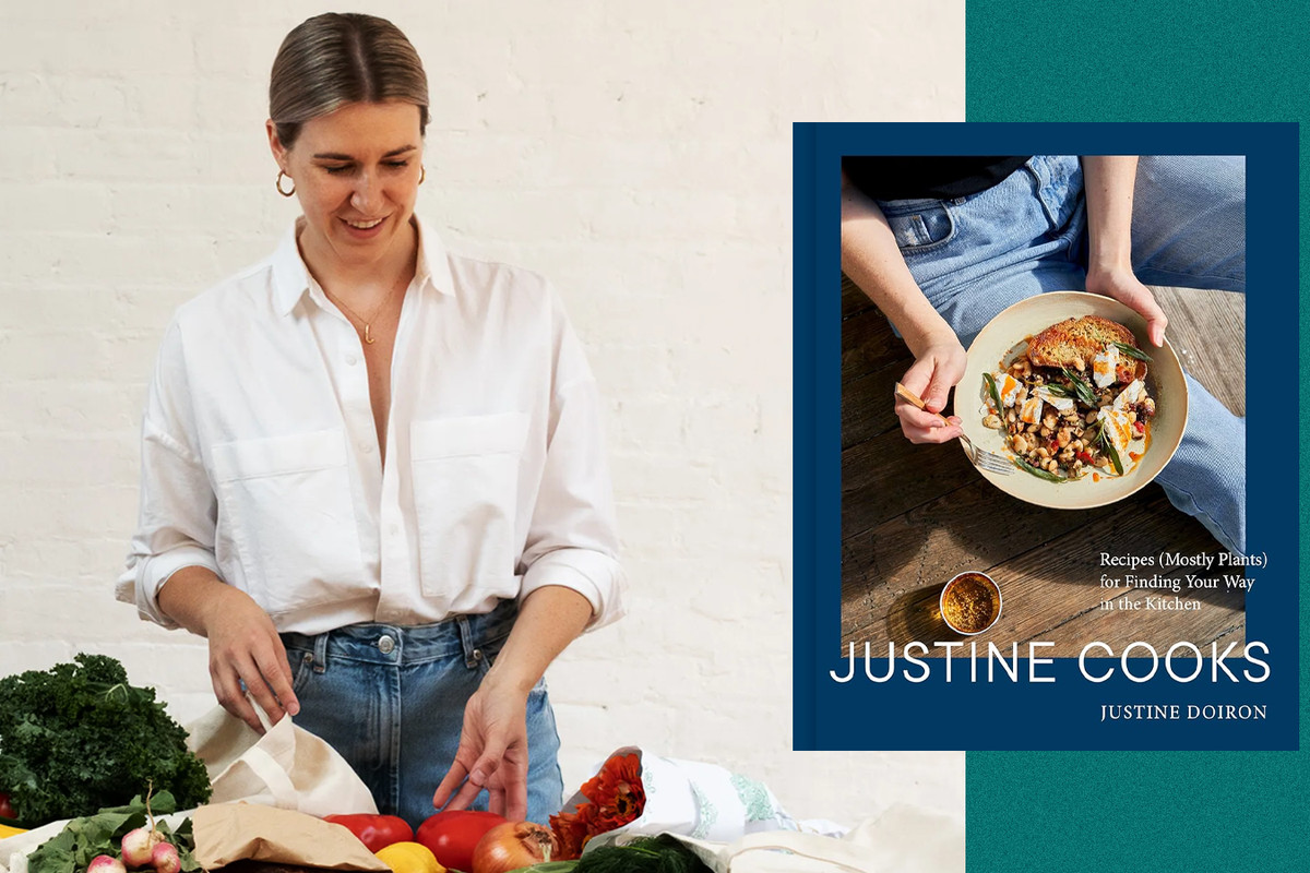 Justine Doiron and the cover of Justine Cooks
