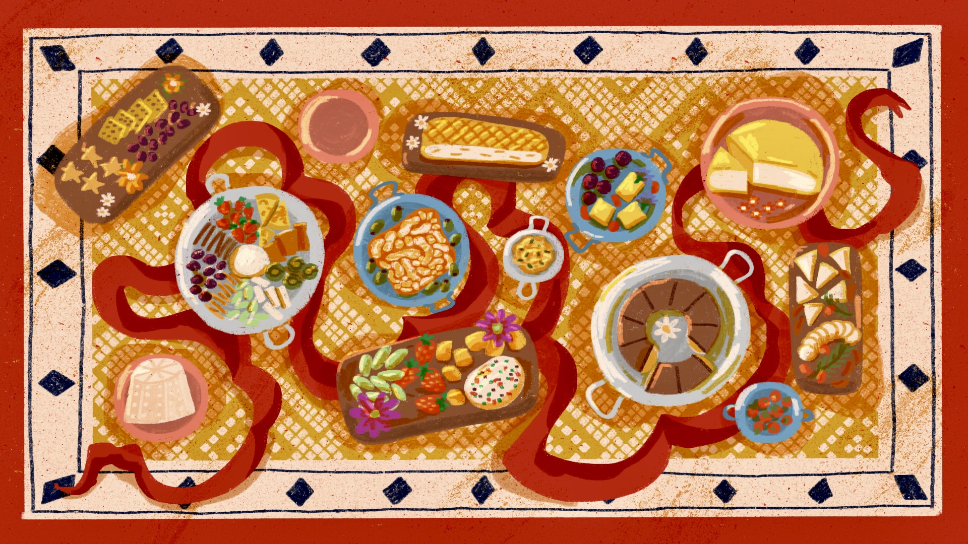 many kinds of cheese are laid out on an intricately patterned tablecloth. illustration.