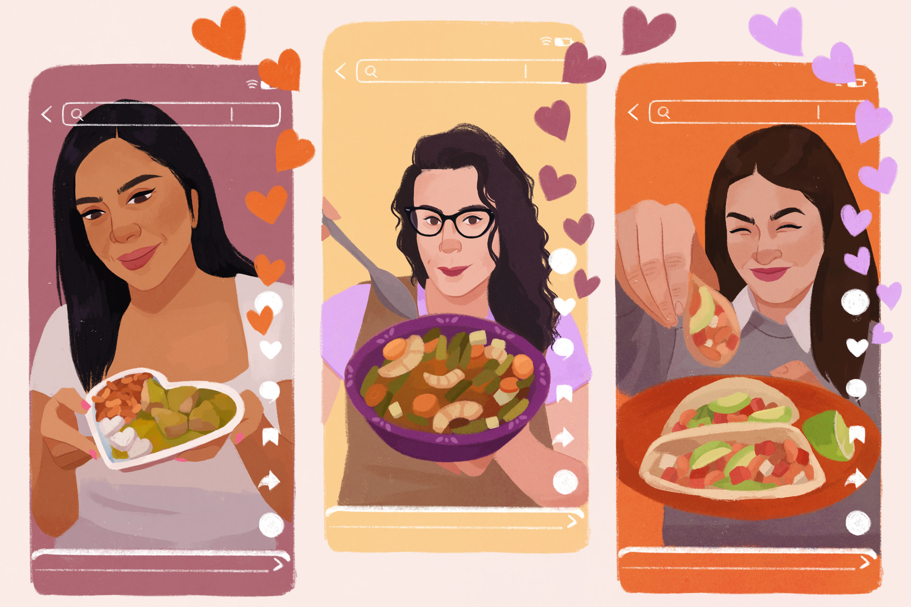 Illustration showing three smartphone windows each with a different woman holding up a plate of food.