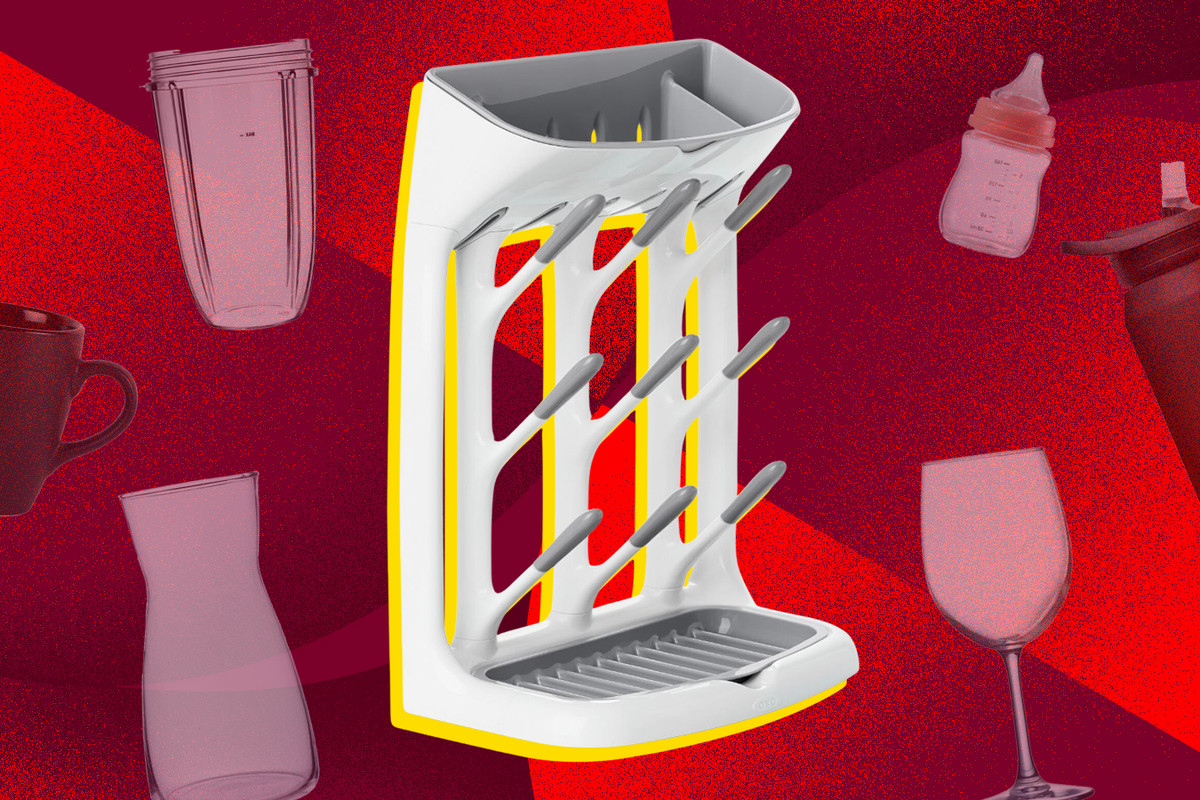 A baby bottle rack surrounded by images of 