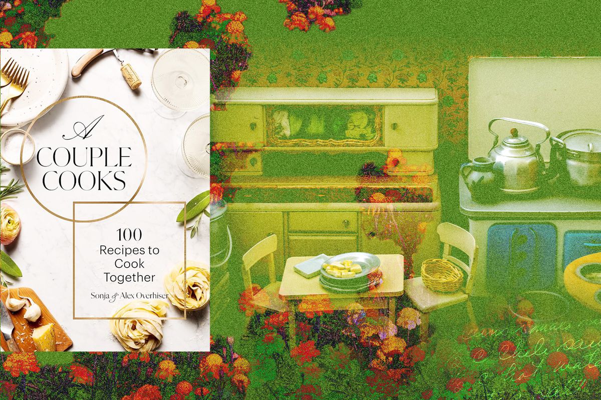 the cover of a couple cooks superimposed over a picture of a kitchen and dining table. photo illustration.