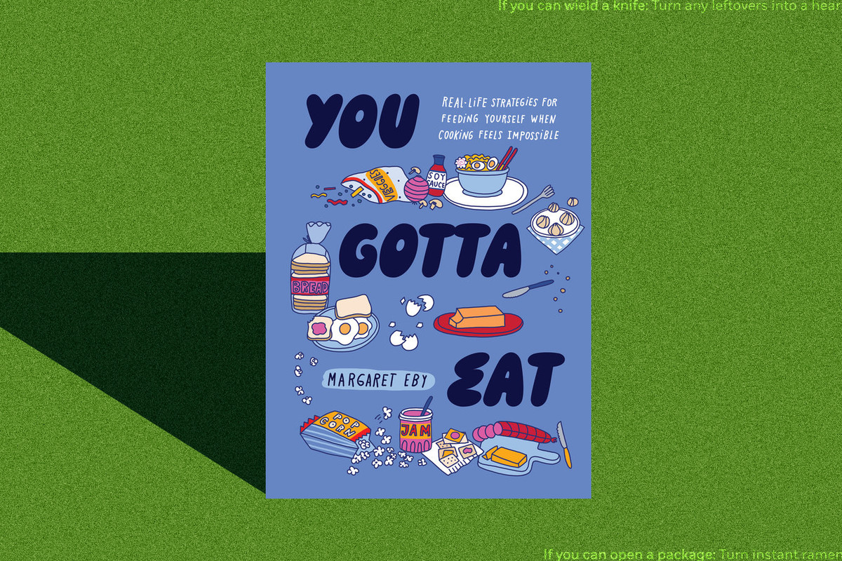 the cover of you gotta eat, superimposed over a green backdrop. photo illustration.