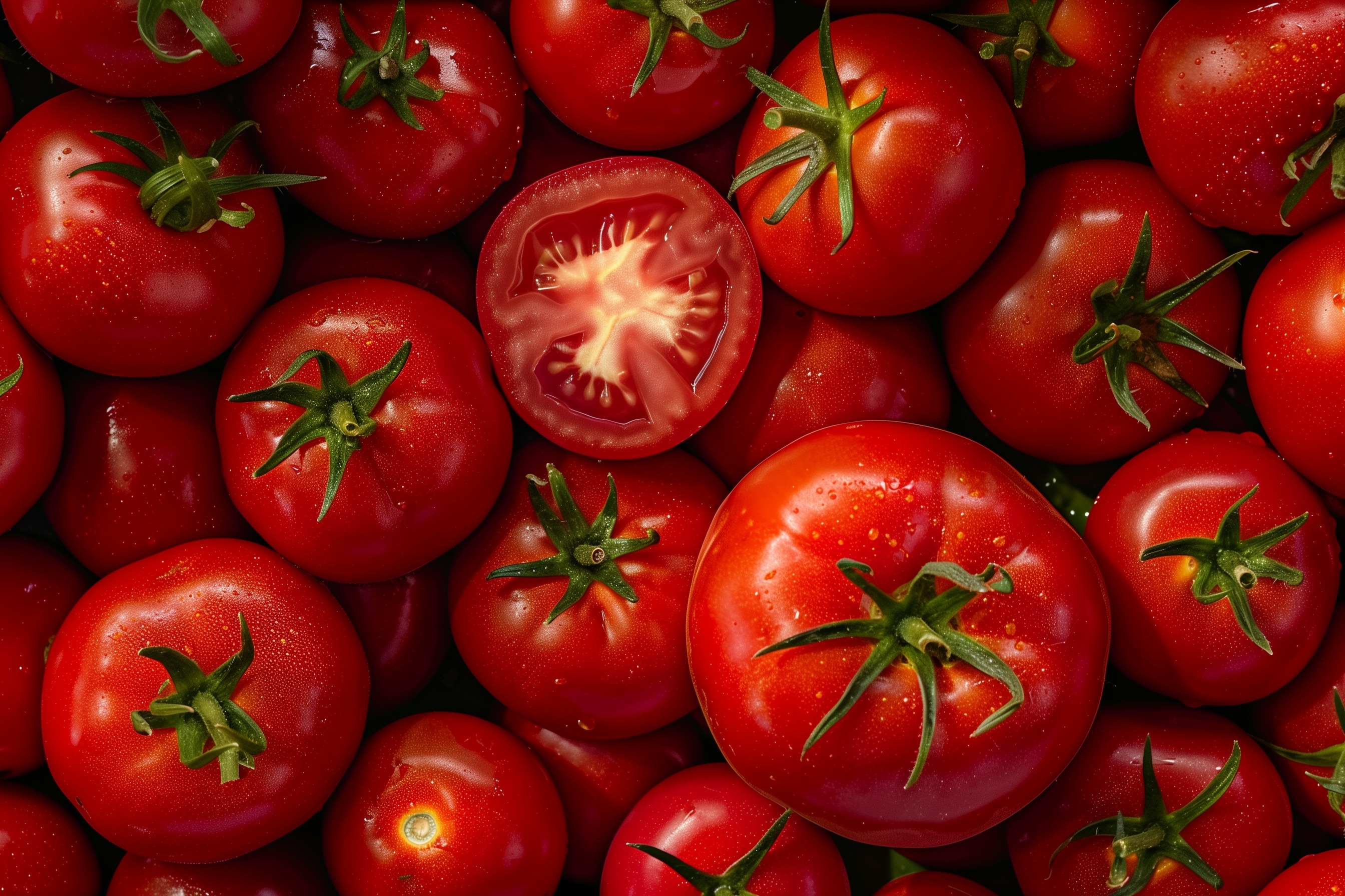 a pile of shiny red tomatoes