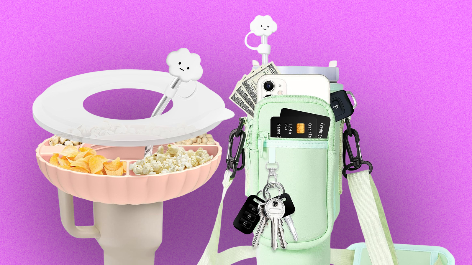 A cup with a snack tray and a cup with an attached bag