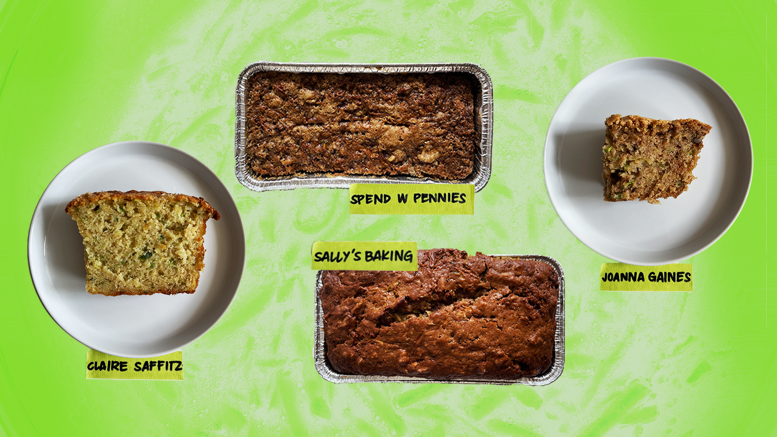 Zucchini bread from Claire Saffitz, Spend with Pennies, Joanna Gaines, and Sally’s Baking Recipes, against a green backdrop. Photo illustration.